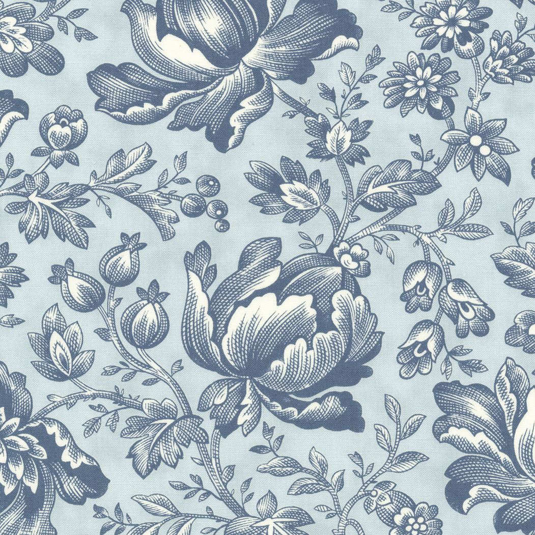 Cascade 108" Wide Backing Fabric, Moda 108007 13 Picture of blue flowers on blue green 108" wide backing fabric