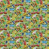 This is a picture of transportation and road signs on a lime green background fabric.