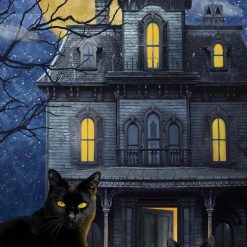 Picture of a spooky house and a black cat at night on dark blue background fabric