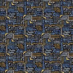 Picture of words and spooky sayings on blue fabric