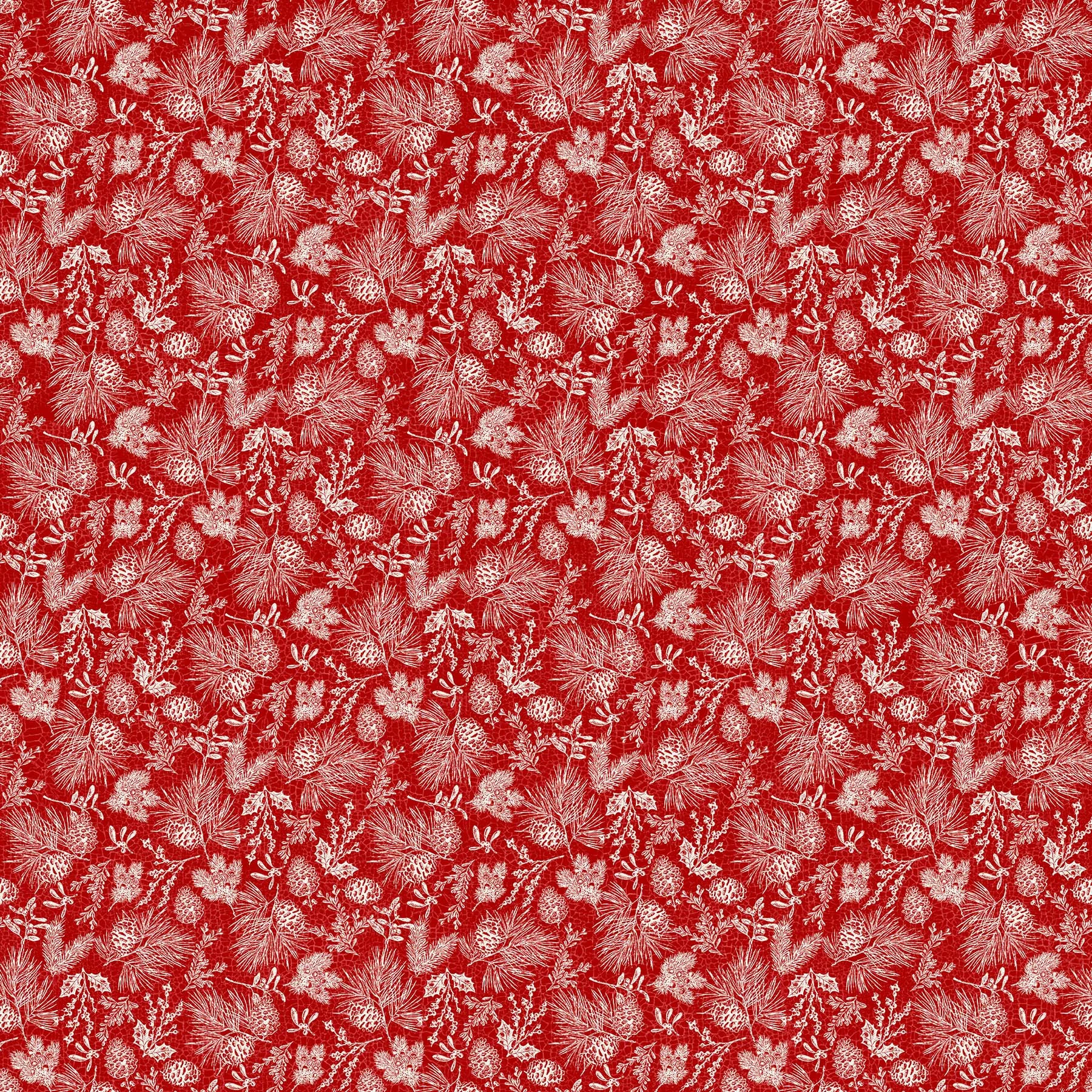 Alpine Winter Pine Toile 24342-24, Northcott Picture of pine needles on red background fabric