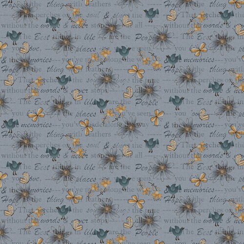Bluebird of Happiness, Henry Glass, 2719 77 Picture of flowers, words, birds, butterflies on French blue fabric