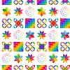 Picture of various rainbow quilt blocks on white background fabric