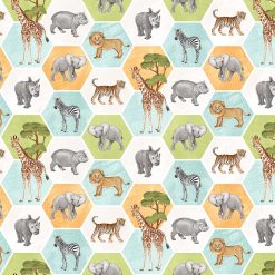 This is a a picture of safari animals in hexagons fabric.