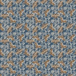 Picture of moths on blue fabric with gold accents.