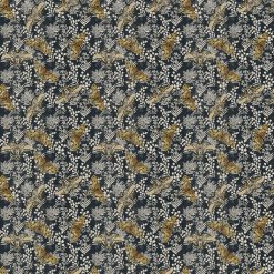 Picture of moths on charcoal colored background fabric with gold accents