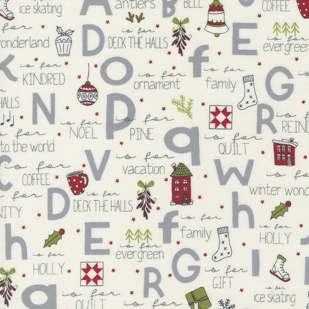 On Dasher A to Z, Moda 55660 11 Picture of On Dasher vanilla fabric with ABC's and Christmas themed phrases and words