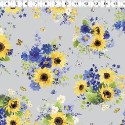 Sunflower Bouquets Digital Tossed Bouquets, Mist Gray, Clothworks Y3908-116