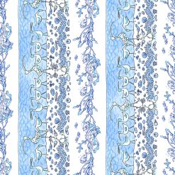 Blue striped quilting fabric – Clothworks Sandy Toes Pictorial Stripe with shorebirds, seashells, and coral on cotton.