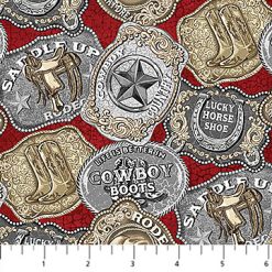 This fabric is red, gold and silver with cowboy belt buckles