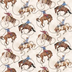 Cowboy Fabric, Horses and Cowboys on Cream Background