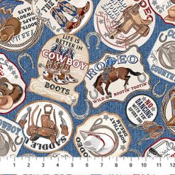 Cowboy Blues Patches on blue background fabric