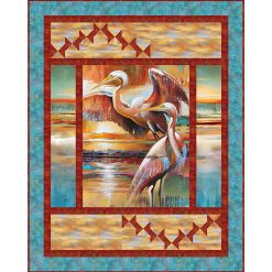 Rise and Fall Quilt Kit featuring Tranquil Tides fabric by Northcott with herons, ocean-inspired panel, and geometric borders, finishing at 60x76 inches.