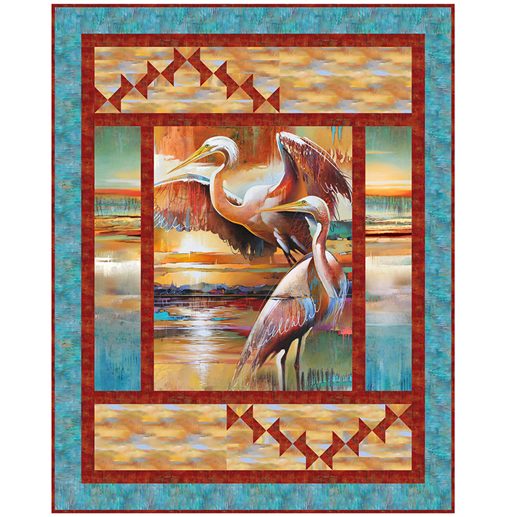 Rise and Fall Quilt Kit – Tranquil Tides fabric collection by Northcott, finishes 60” x 76”. Rise and Fall Quilt Kit featuring Tranquil Tides fabric by Northcott with herons, ocean-inspired panel, and geometric borders, finishing at 60x76 inches.