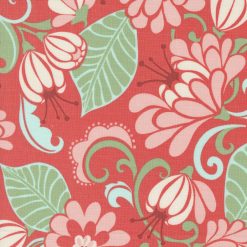Moda Tango Collection – Sarabande in Tangerine (27330-12) quilting fabric with bold floral design in orange, pink, cream, and green.