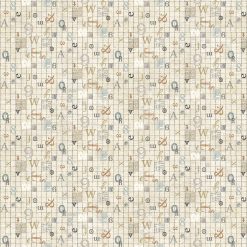 Northcott My Type Collection – Cream Multi (27708-11) quilting fabric with scattered letters, numbers, and symbols on a cream grid.