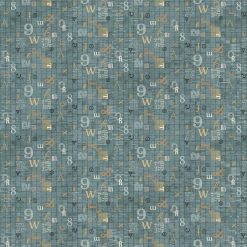 Northcott My Type Collection – Grid in Dark Teal Multi (27708-68) quilting fabric with letters, numbers, and symbols on a teal background.