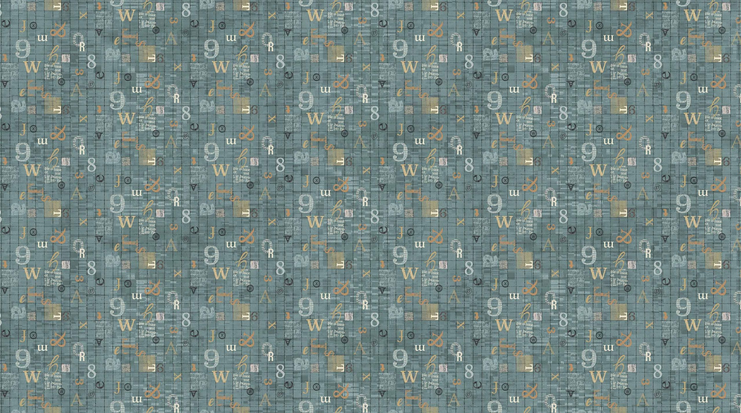 My Type, Northcott 27708-68 Northcott My Type Collection – Grid in Dark Teal Multi (27708-68) quilting fabric with letters, numbers, and symbols on a teal background.