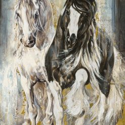 Northcott Pedigree Running Horses Panel DP28023-10 – digitally printed panel featuring two horses in motion with a turquoise, ochre, and charcoal painterly background.