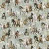 Northcott Pedigree Horses Turquoise Multi DP28025-62 – digitally printed fabric featuring galloping horses in shades of brown, black, and white on a turquoise background.
