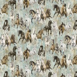 Northcott Pedigree Horses Turquoise Multi DP28025-62 – digitally printed fabric featuring galloping horses in shades of brown, black, and white on a turquoise background.