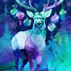 Midwinter Magic fabric panel by Northcott featuring a watercolor stag with ornaments and snowflakes