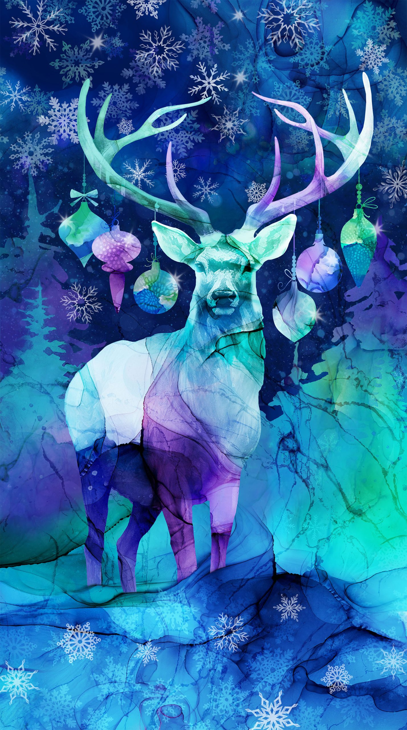 Northcott Midwinter Magic Fabric Panel – 24x43 Midwinter Magic fabric panel by Northcott featuring a watercolor stag with ornaments and snowflakes