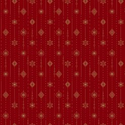 Red Christmas stripe fabric – Northcott Sparkle Collection by Patrick Lose with gold metallic snowflakes, ornaments, and stripes.