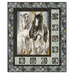 Main Attraction Quilt Kit featuring Pedigree fabric by Northcott – 55” x 66” quilt with Running Horses panel centerpiece, framed by textured blenders and Big Dots.