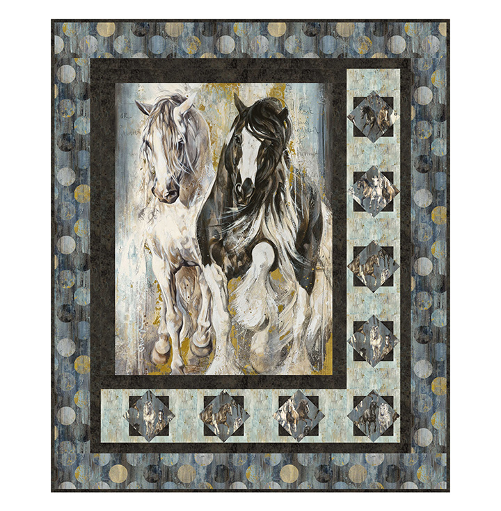 Main Attraction Quilt Kit Main Attraction Quilt Kit featuring Pedigree fabric by Northcott – 55” x 66” quilt with Running Horses panel centerpiece, framed by textured blenders and Big Dots.