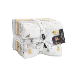 Moda Little Ducklings fabric collection by Paper + Cloth, 33 fabric swatches in yellow, blue, gray, and cream with ducklings, moons, florals, and dots.