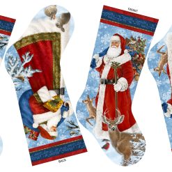 Northcott St. Nicholas Christmas stocking fabric panel with Santa Claus, reindeer, woodland animals, and festive borders, 24 x 43 inches