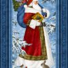Northcott St. Nicholas Christmas fabric panel with Santa Claus in red robe, winter woodland animals, and snowy background, 24 x 43 inches