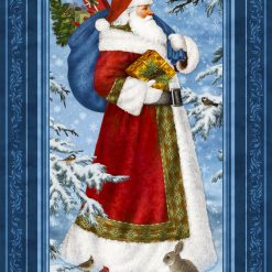 Northcott St. Nicholas Christmas fabric panel with Santa Claus in red robe, winter woodland animals, and snowy background, 24 x 43 inches