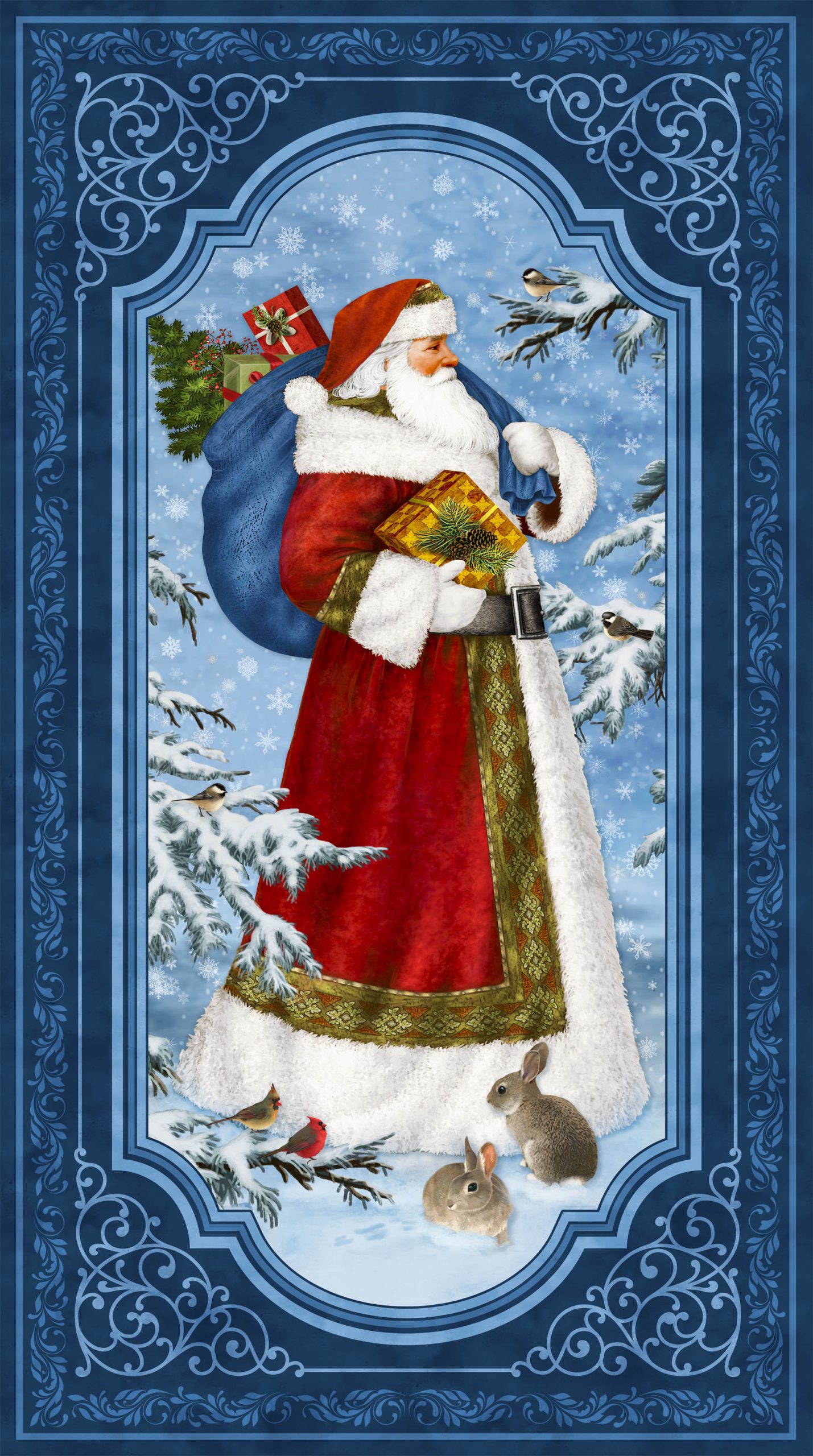 Northcott St. Nicholas Christmas Fabric Panel 24" x 43" DP28210-48 Northcott St. Nicholas Christmas fabric panel with Santa Claus in red robe, winter woodland animals, and snowy background, 24 x 43 inches
