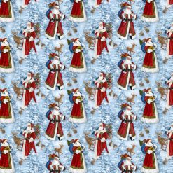 Northcott St. Nicholas scenic Christmas fabric with Santa Claus, reindeer, rabbits, and snowy evergreens, 100% cotton quilting fabric
