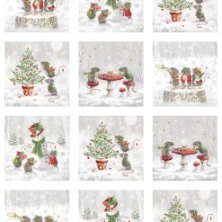 Christmas Mouse flannel fabric panel by Northcott featuring mice, snowmen, and Christmas trees in winter scenes with border stripe.