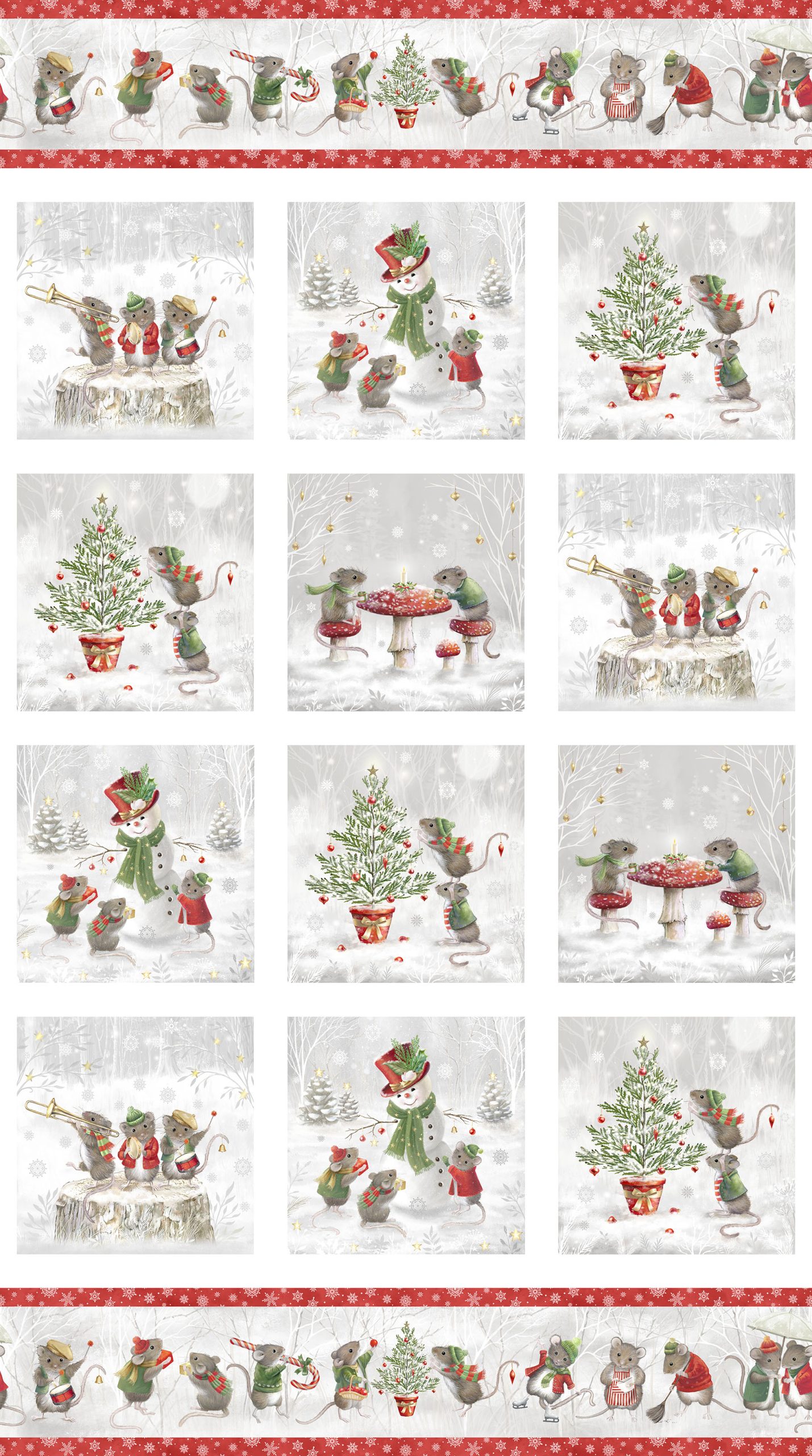The Christmas Mouse Panel, F28035-10 Christmas Mouse flannel fabric panel by Northcott featuring mice, snowmen, and Christmas trees in winter scenes with border stripe.