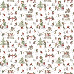 Christmas Mouse flannel fabric by Northcott with tossed mice, snowflakes, pinecones, and holiday motifs on a white background.