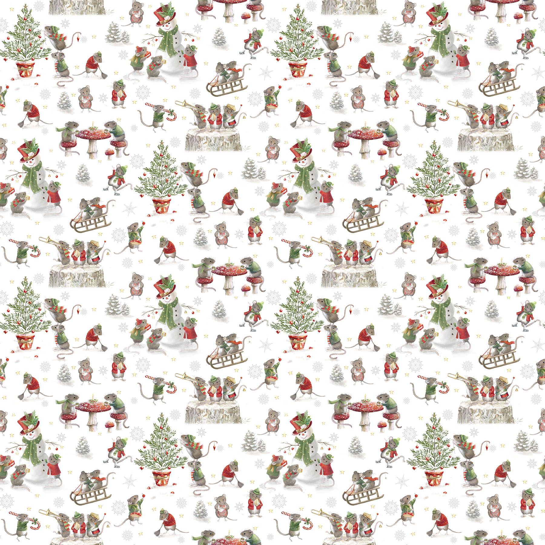 The Christmas Mouse, Scenic Toss, F28038-10 Christmas Mouse flannel fabric by Northcott with tossed mice, snowflakes, pinecones, and holiday motifs on a white background.
