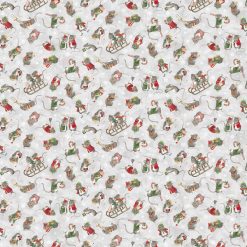 Christmas Mouse flannel by Northcott featuring tossed mice sledding, carrying candy canes, and playing instruments on a gray snowy background.