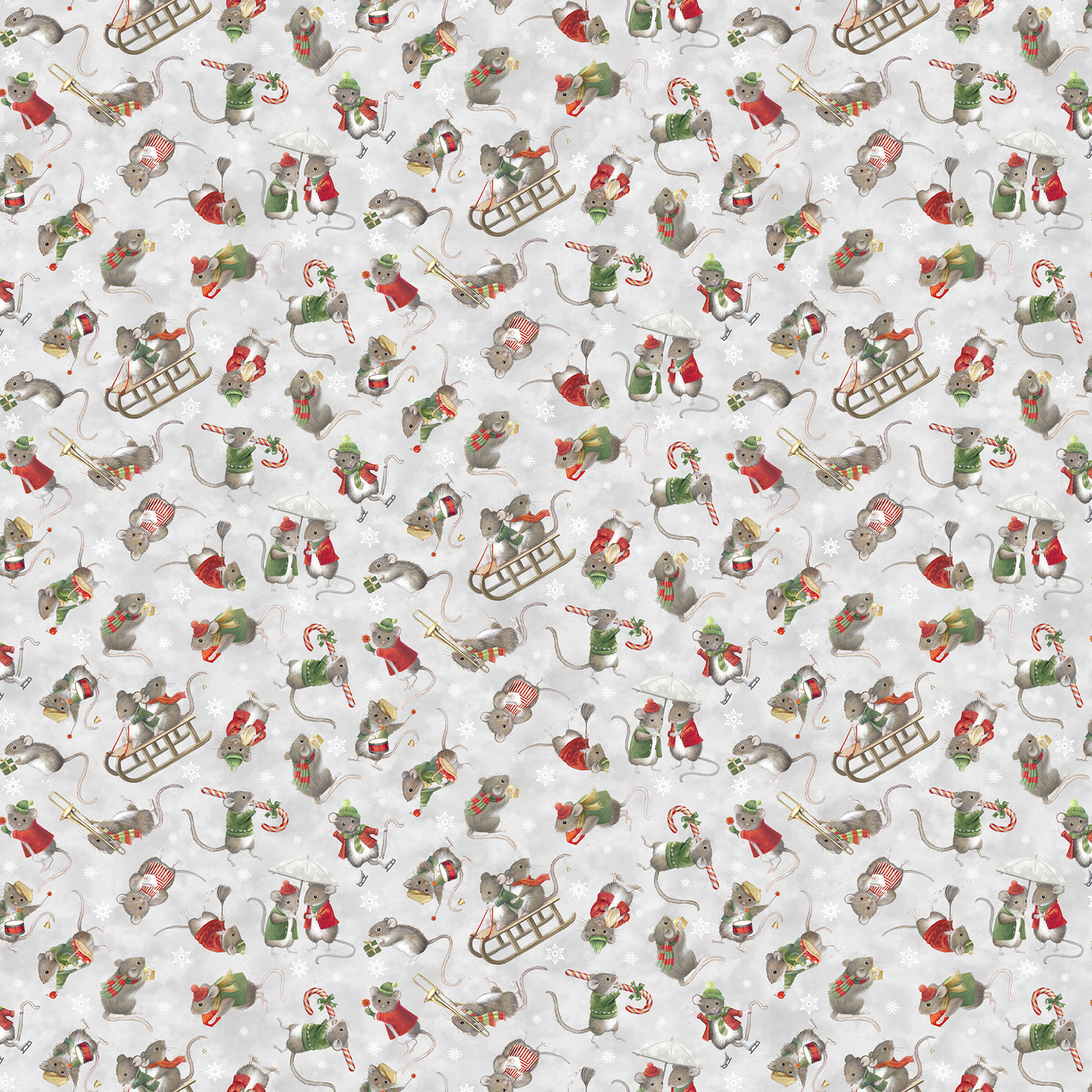 The Christmas Mouse, Mouse Toss, F28039-92 Christmas Mouse flannel by Northcott featuring tossed mice sledding, carrying candy canes, and playing instruments on a gray snowy background.
