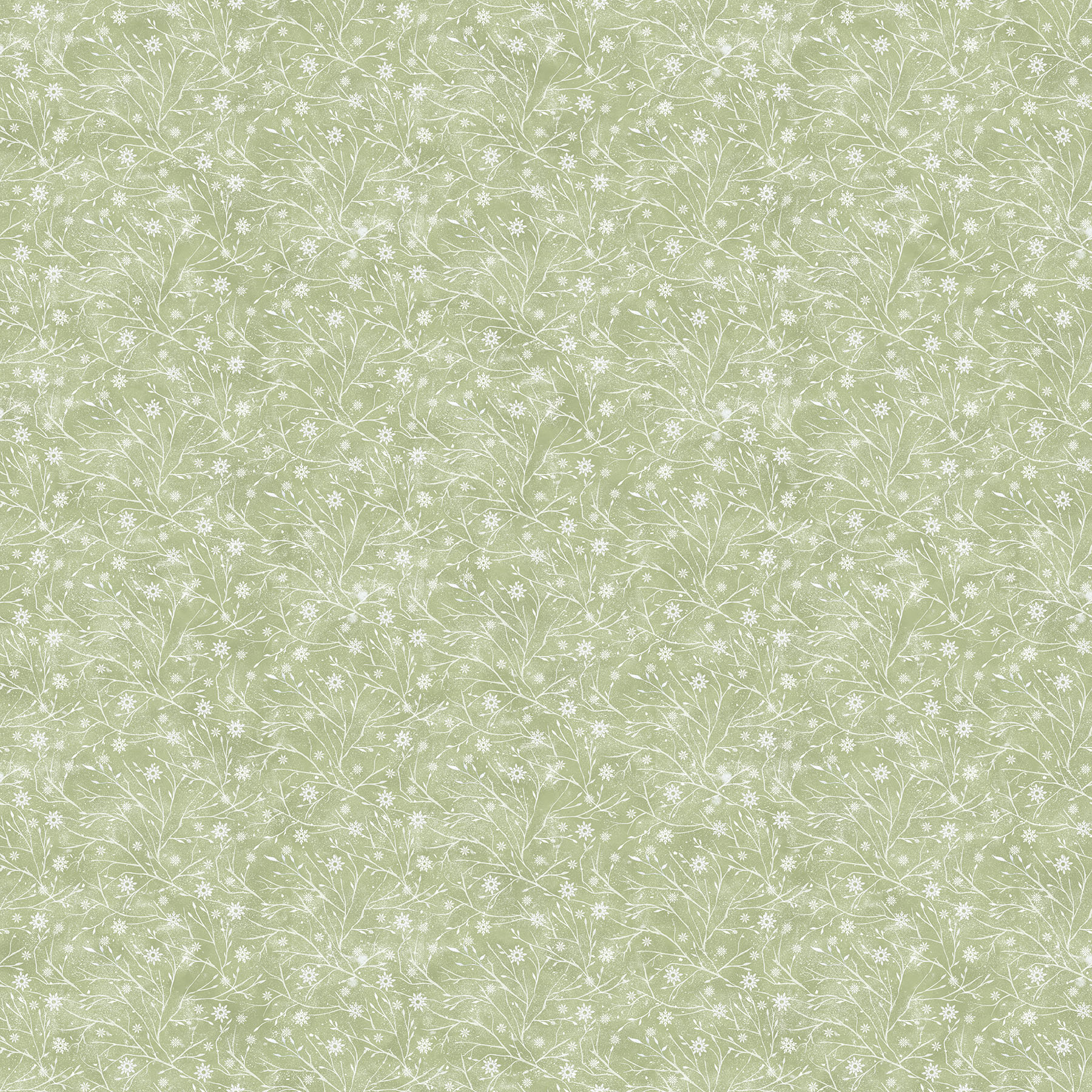 The Christmas Mouse, Greenery, F28044-72 Christmas Mouse tonal flannel fabric by Northcott with white floral sprigs on a mottled green background.