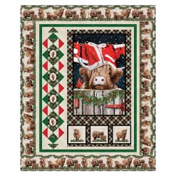 “A Highland Christmas Quilt Kit – holiday quilt featuring Highland cow in Santa hat, plaid borders, evergreen garland – finishes 48×59 – uses Highland Heart fabrics by Northcott – Lightning Bugs Quilt Studio”