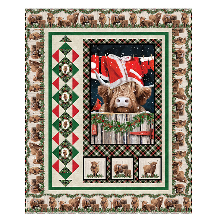 A Highland Christmas “A Highland Christmas Quilt Kit – holiday quilt featuring Highland cow in Santa hat, plaid borders, evergreen garland – finishes 48×59 – uses Highland Heart fabrics by Northcott – Lightning Bugs Quilt Studio”