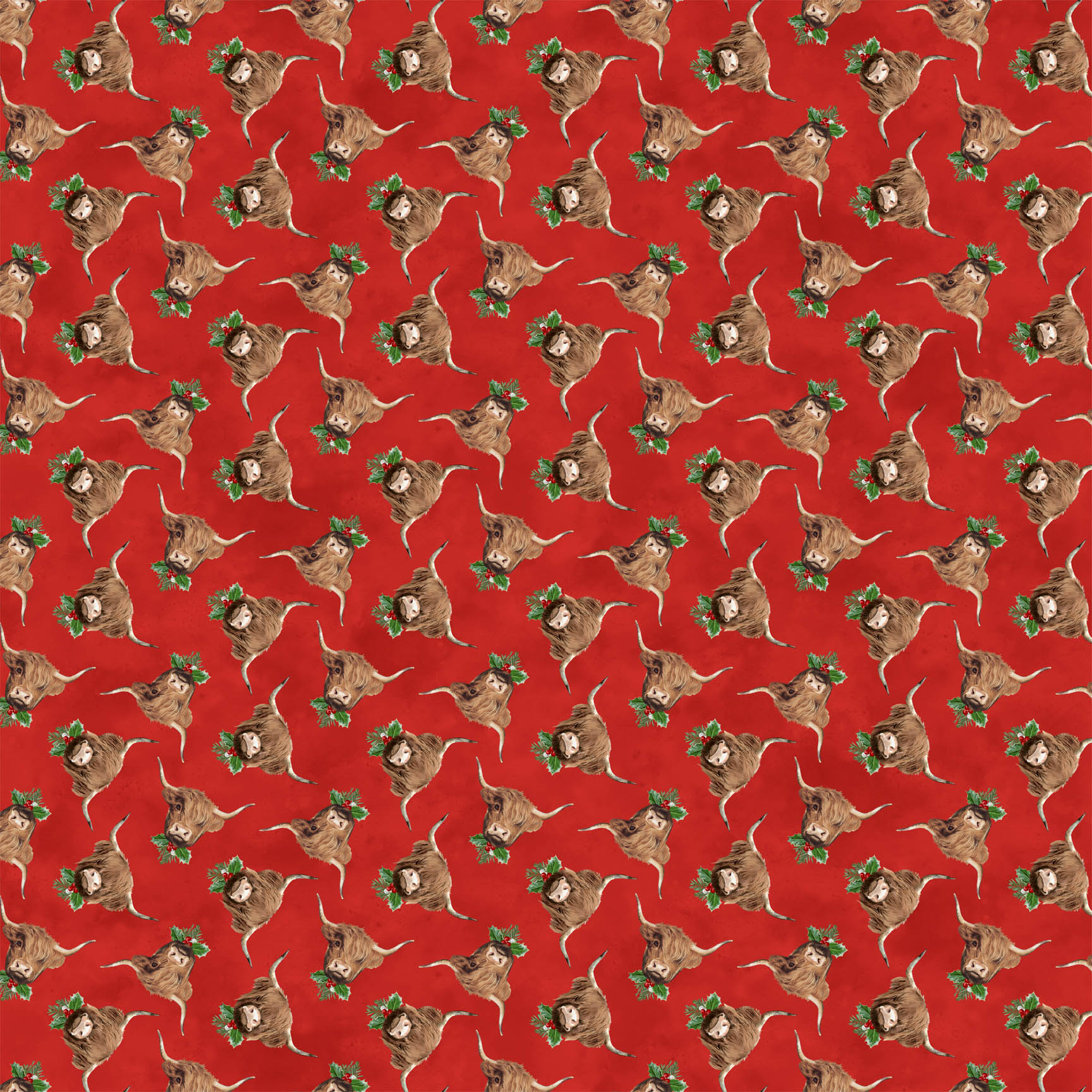 Highland Heart Cow Heads D28048-24 “Highland Heart – Red Cow Toss D28048-24 by Northcott – digitally printed 100% cotton quilting fabric with Highland cows wearing holiday greenery on Christmas-red mottled background – Lightning Bugs Quilt Studio”
