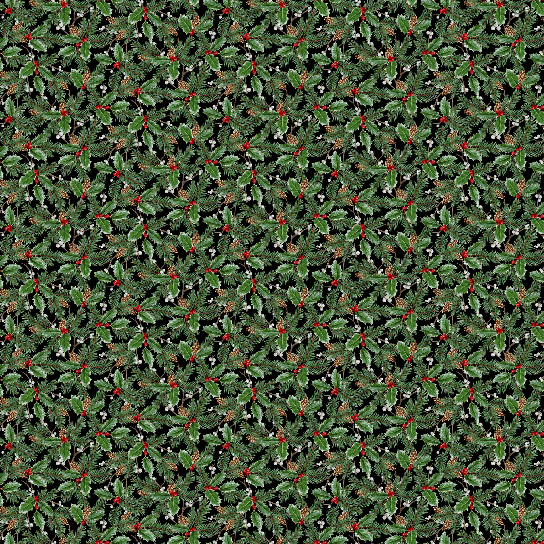Highland Heart, Large Holly D28050-99 “Highland Heart – Holiday Holly Toss D28050-99 by Northcott – 43/44-inch digitally printed 100% cotton quilting fabric with green holly leaves, pine branches, pinecones, red berries and mistletoe on black background – Lightning Bugs Quilt Studio”