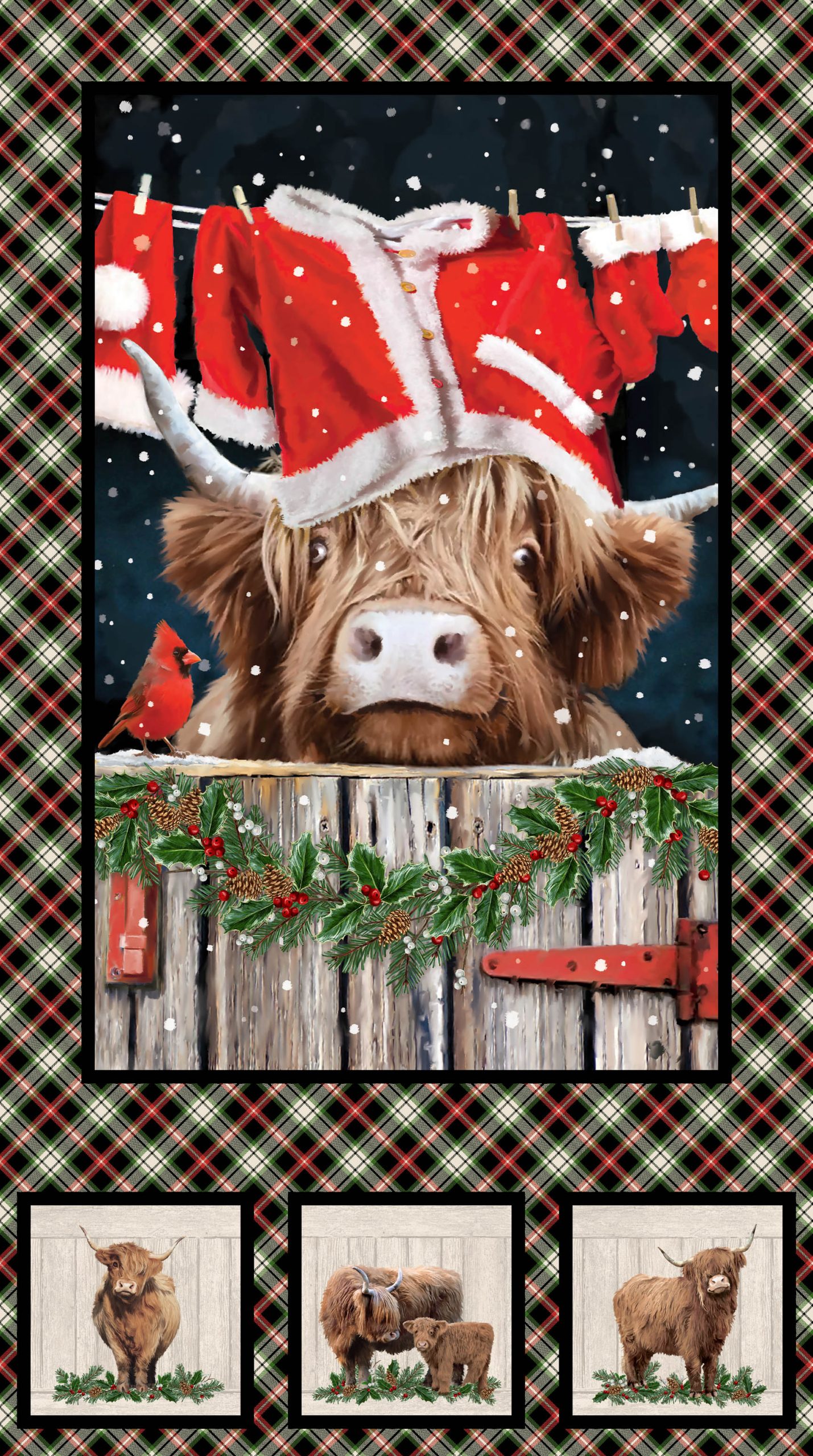 Highland Heart Panel DP28045-99 “Highland Heart Christmas Cow Panel DP28045-99 by Northcott – 24×43 digitally printed cotton quilt panel with Santa-hat Highland cow, plaid border, garland, cardinal and bonus cow blocks – Lightning Bugs Quilt Studio”