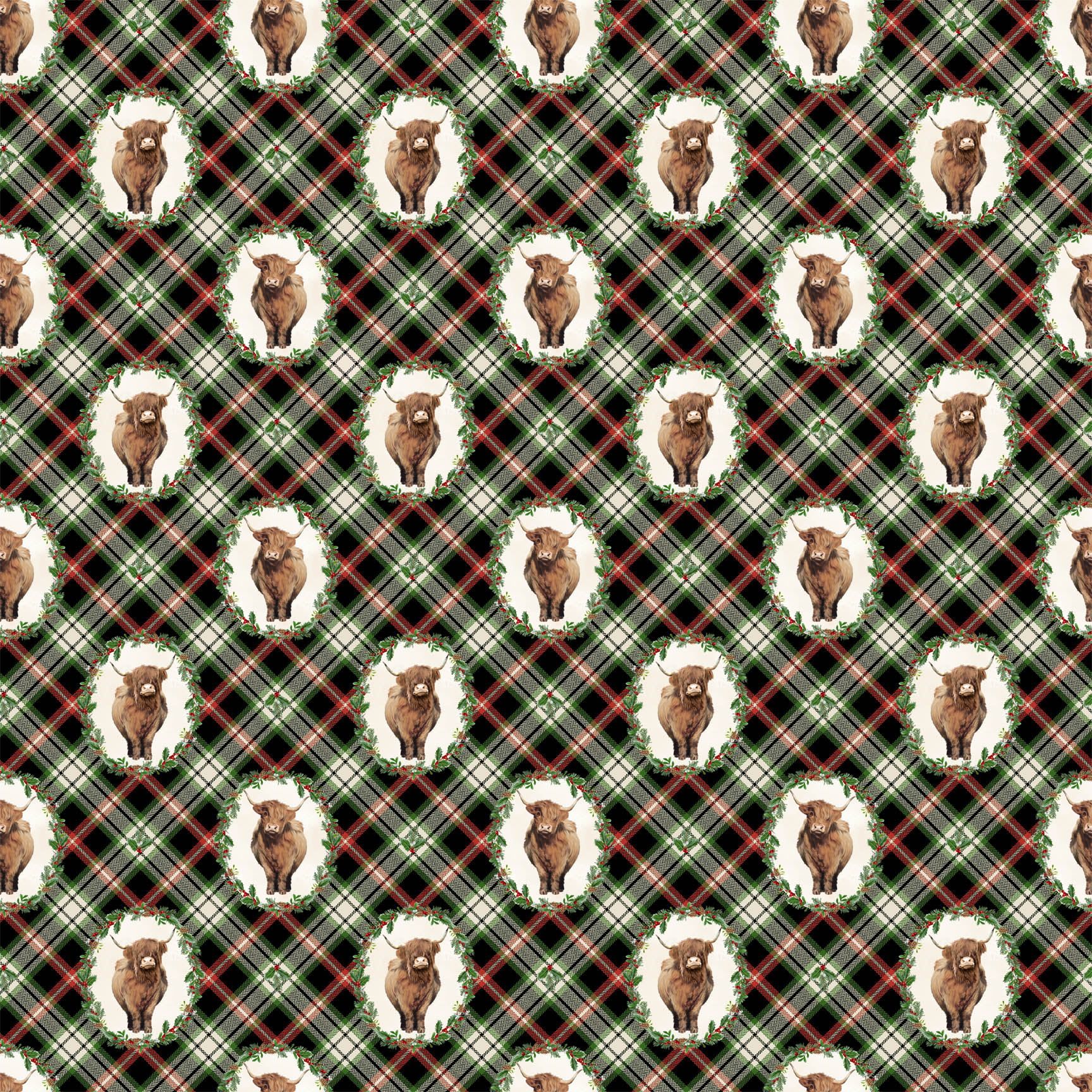 Highland Heart Wreaths DP28047-99 “Highland Heart Cow Toss on Plaid DP28047-99 by Northcott – digitally printed 100% cotton quilting fabric with Highland cows in greenery wreaths on red green plaid background – Lightning Bugs Quilt Studio”