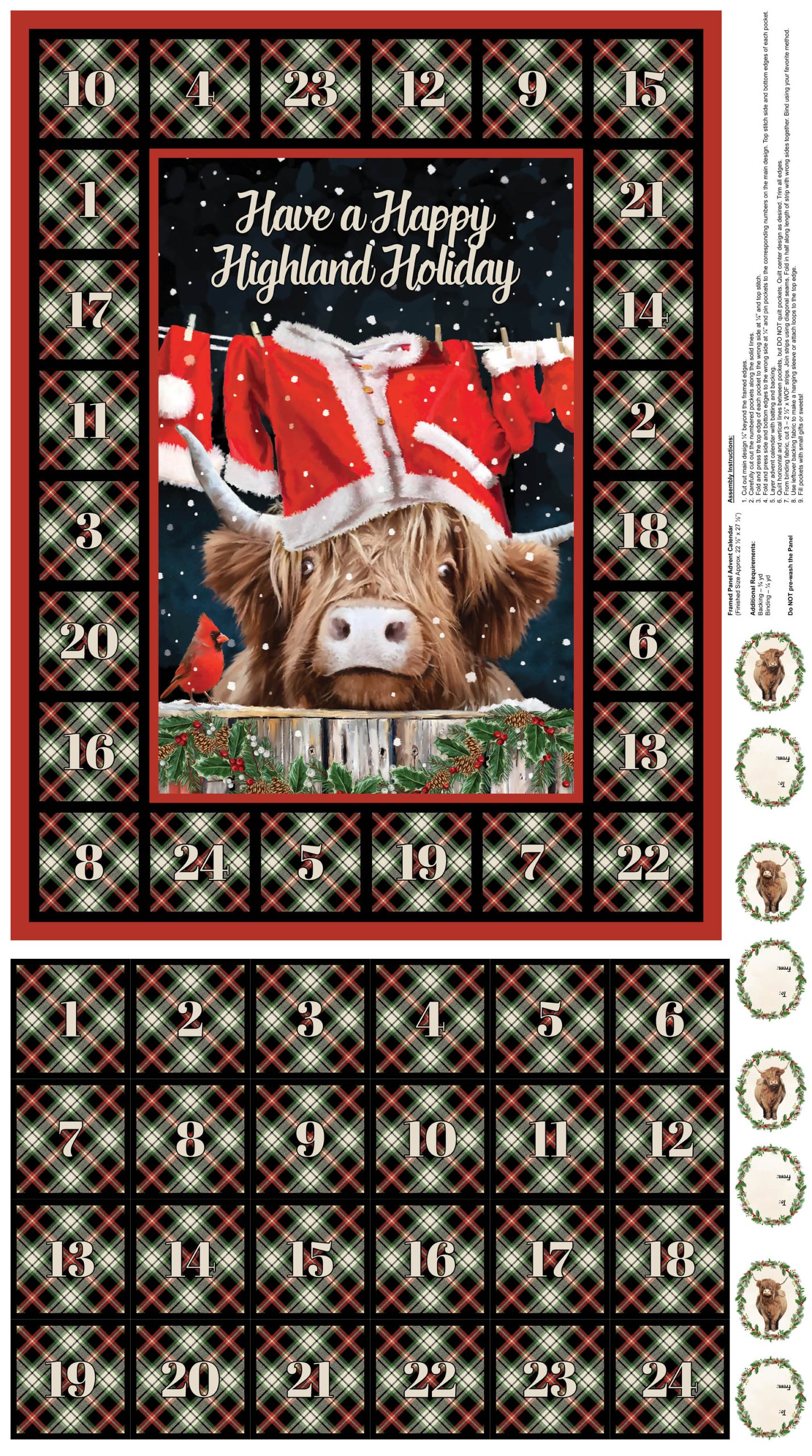 Highland Heart, Advent Calendar DP28053-99 “Highland Heart Advent Calendar Panel DP28053-99 by Northcott – 24×43 digitally printed cotton quilt panel with Santa-hat Highland cow, plaid borders, numbered Advent pockets, and wreath tags – Lightning Bugs Quilt Studio”